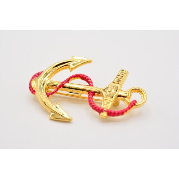 Vintage Pin Brooch Anchor Sailor Nautical Red Enamel Gold Tone 1980s NOS BinA5 - Picture 5 of 12